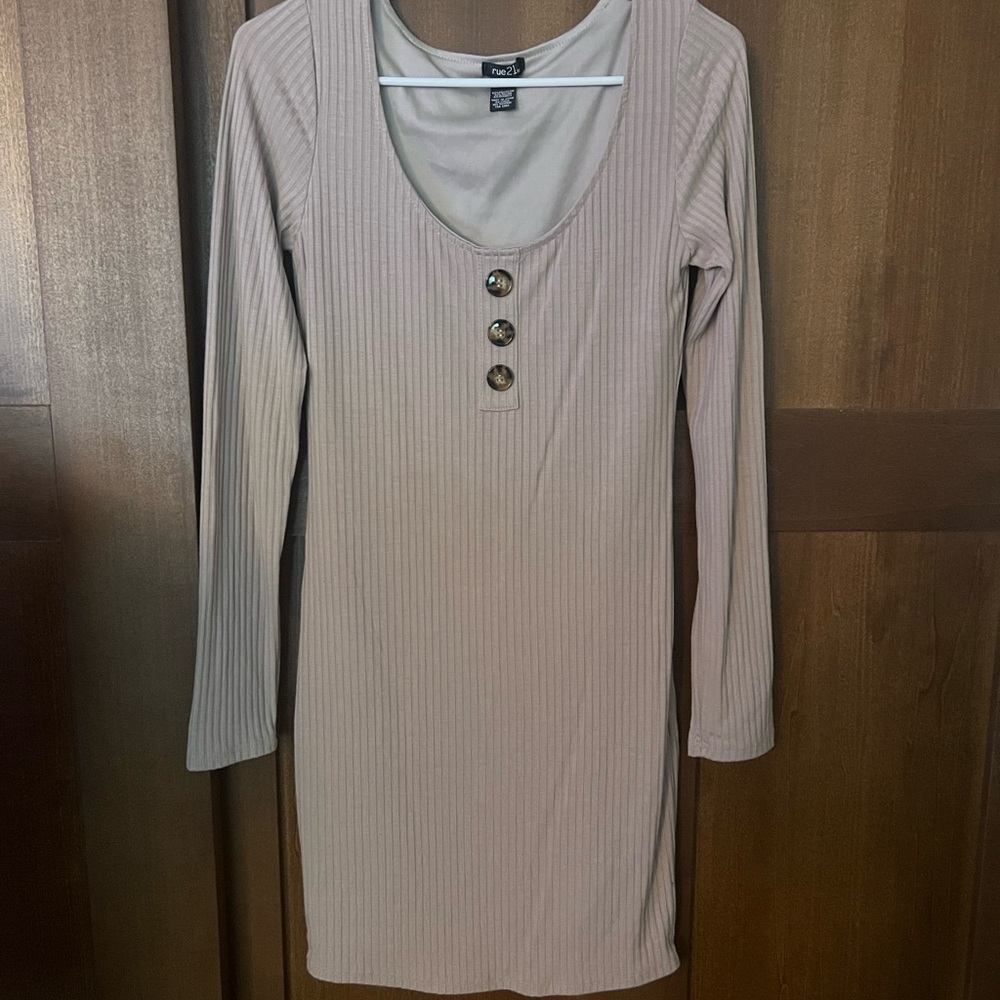 Rue21 Taupe Long Sleeve Dress with Button Detail